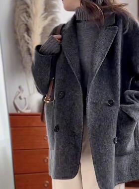 艾格2025双面绵羊毛大衣女西装呢子小个子中长款羊毛灰色毛呢外套