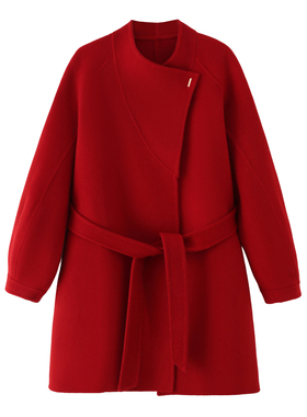 新年红色双面羊毛呢外套2025年冬新款高级感小个子收腰中长款大衣