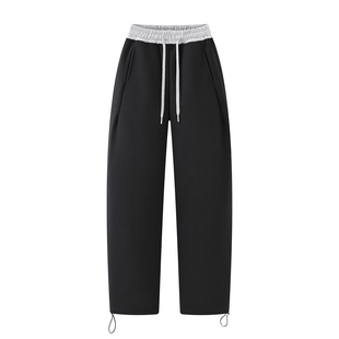 加长加绒裤 秋冬高腰直筒宽松休闲卫裤 子 女2025新款 艾格黑色运动裤