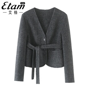 艾格燕麦色手工双面羊毛大衣女短款小香风外套女羊驼小个子羊毛