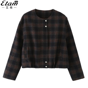 时尚 新款 宽松格子羊毛呢大衣 毛呢外套女2025秋季 艾格韩系圆领短款