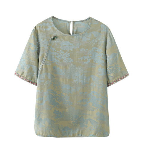 艾格新中式缎面盘扣短袖衬衫女