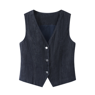 艾格复古V领牛仔马甲女2026夏季 老钱风H型单排扣背心外搭上衣 新款
