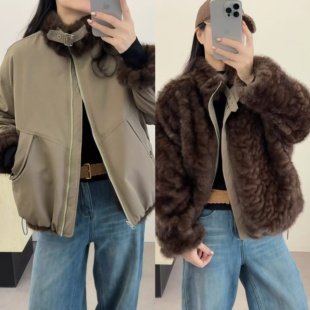 艾格两面穿皮毛一体派克服女冬季新款时尚百搭宽松加厚保暖外套