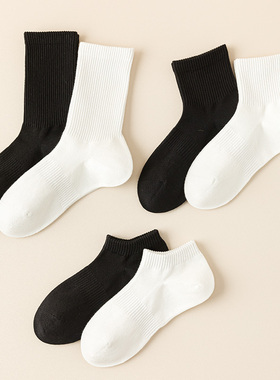 简约纯棉中筒袜白色袜子吸汗透气防臭黑色短袜男女四季长袜纯色款