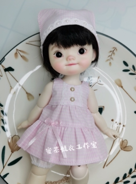bjd娃衣小6分qbaby大力力GL体小肥羊点点背心格子头巾连衣裙套装
