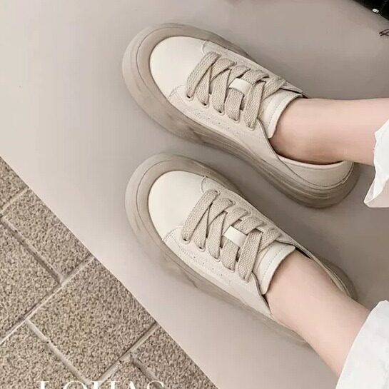 牛皮厚底增高小白鞋女系带百搭