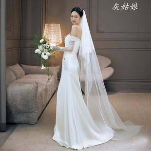 2025新款 头纱新娘结婚礼主婚纱齐地纱 简约双层超仙森系拖尾超长款