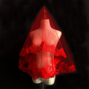 新娘女结婚主婚纱韩式红色蕾丝花边网红拍照道具头纱头饰森系复古