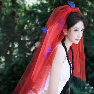 新款蓝色蝴蝶结头纱新娘结婚照登记领证婚纱红色头纱摄影造型头饰