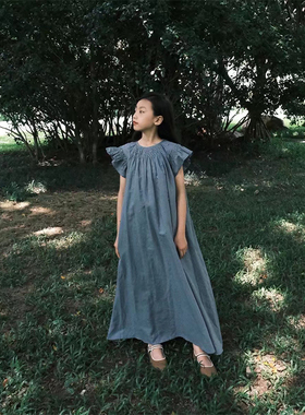 BBW潼家 大赫本风女童隐逸蓝钻珠亚麻长裙连衣裙法式镶钻礼服裙