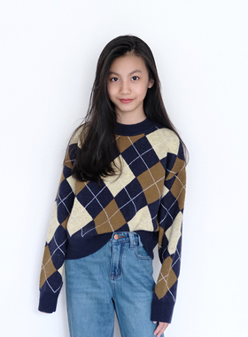 BBW潼家 23FW vintage女童菱形格纹针织衫中大童亲子毛衣 11/10