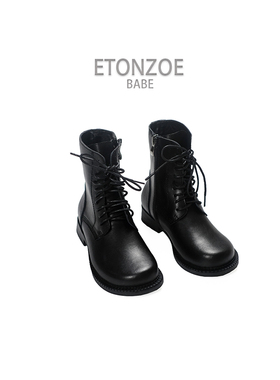 BBW潼家 21FW 女童英伦风拉链真皮靴 复古中筒马丁靴绑带 09/10