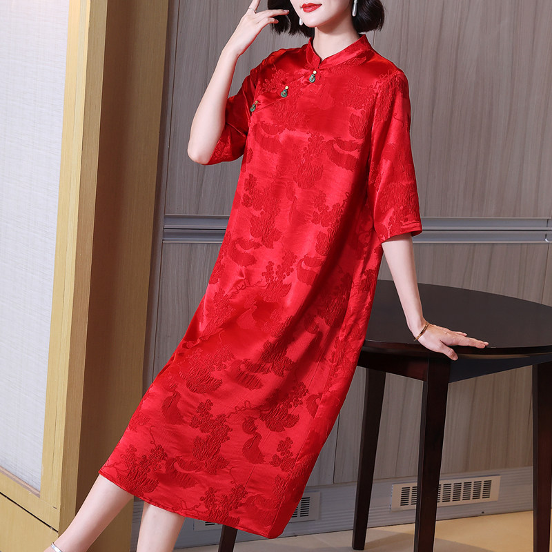 冠乐皱真丝连衣裙妈妈高贵喜婆婆婚宴装夏季大牌桑蚕丝改良旗袍女
