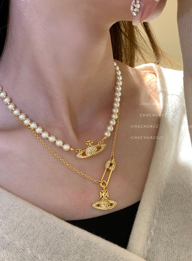 土星珍珠项链别针珍珠项链立体星球毛衣链锁骨链小众设计感