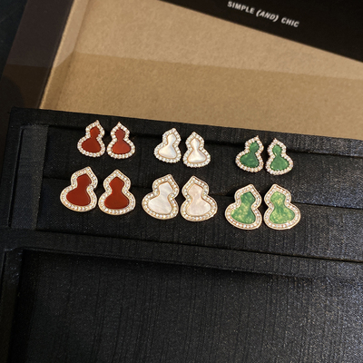 国风红玛瑙绿翡翠葫芦小耳钉