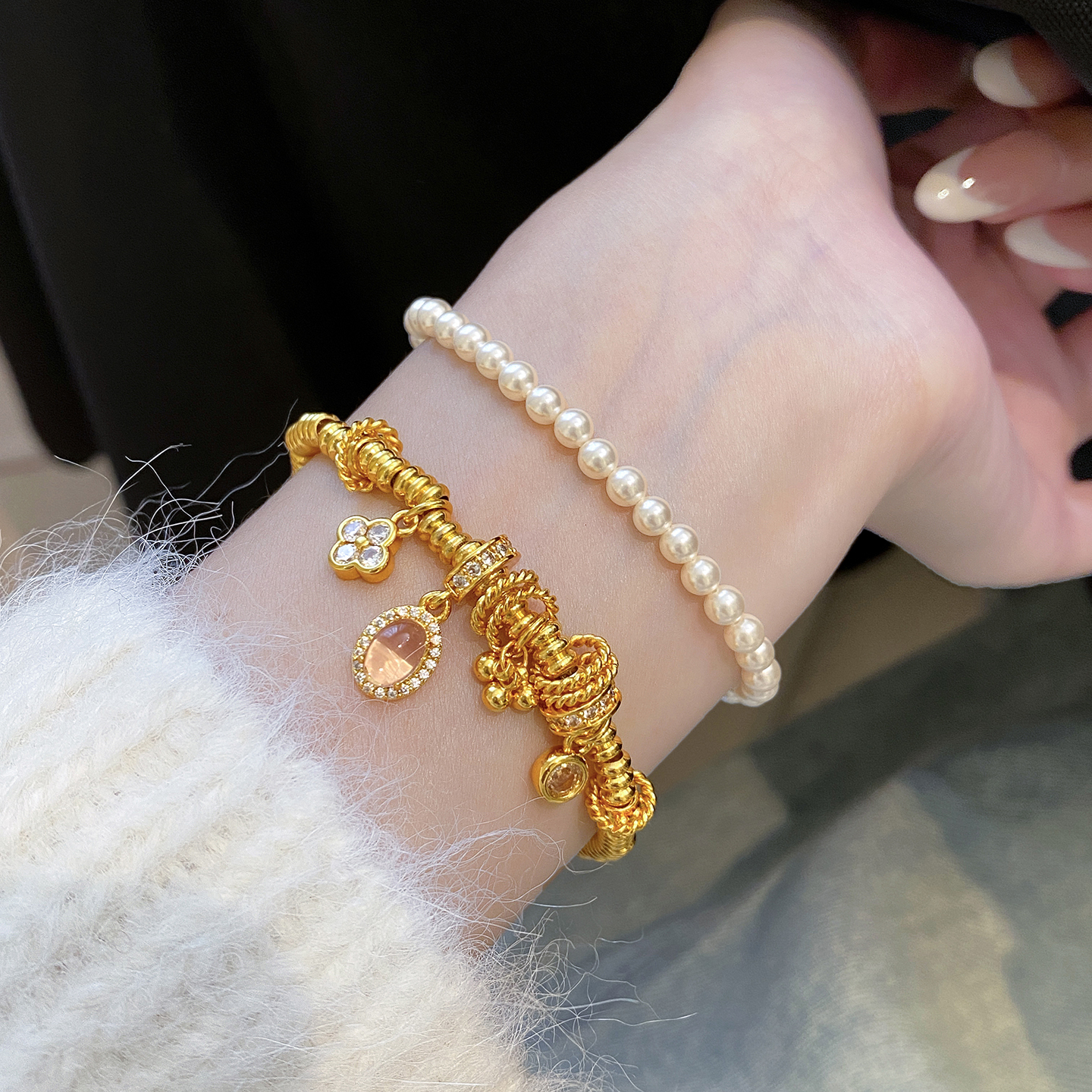 小红书爆款~龙心盘缠手链 国风古法金珠四叶草轻奢高级感金色手串