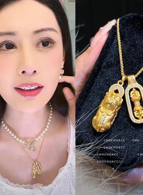 韦雪同款黄金色镶钻貔貅项链