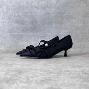 不退换 真皮真丝纱丁一字扣珍珠装饰尖头时装鞋蝴蝶结小高跟单鞋