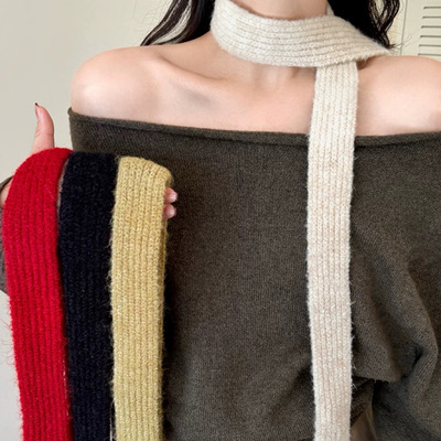 红色细窄针织围巾女初秋保暖百搭