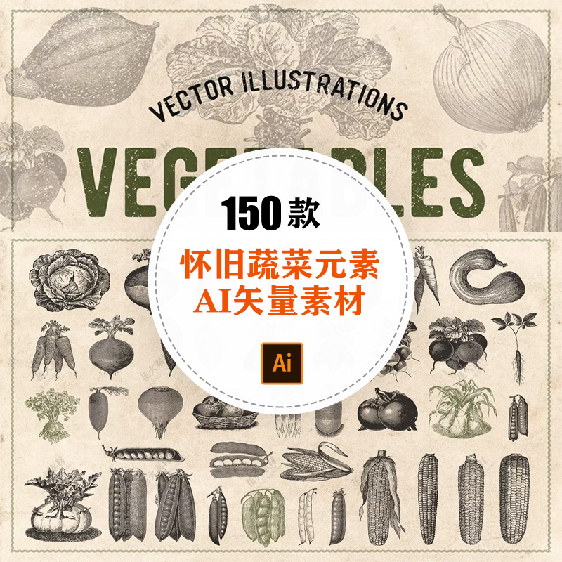 怀旧复古欧式中世纪素描蔬菜AI矢量插画设计素材(含透明免抠PNG)