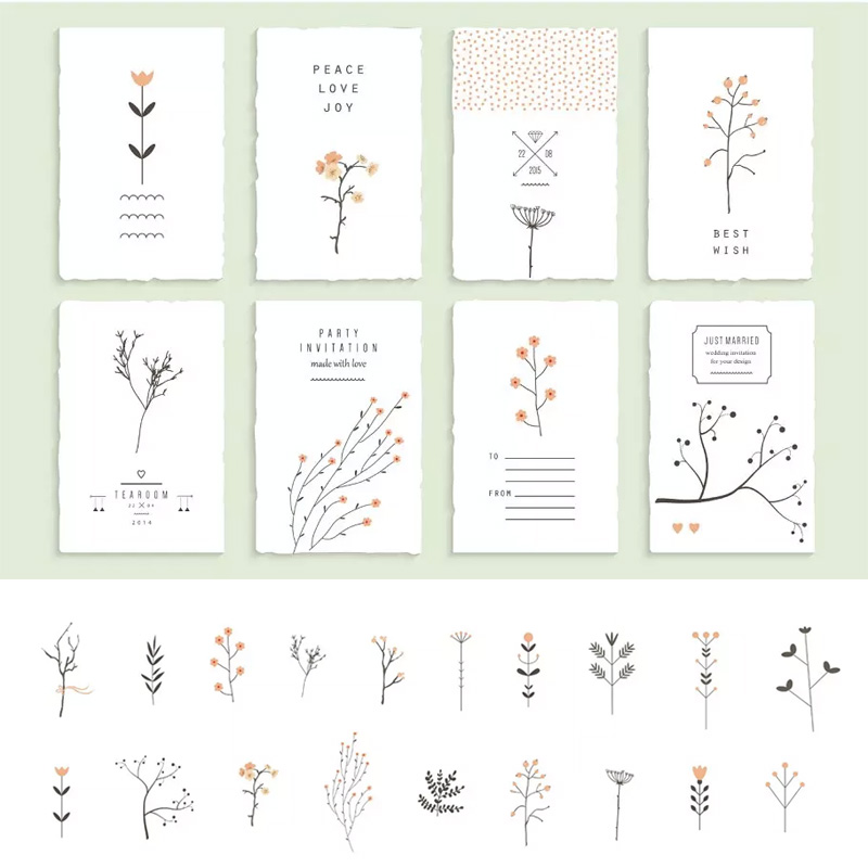 简约时尚浪漫树枝鲜花线条插画卡片邀请函AI矢量平面VI设计素材
