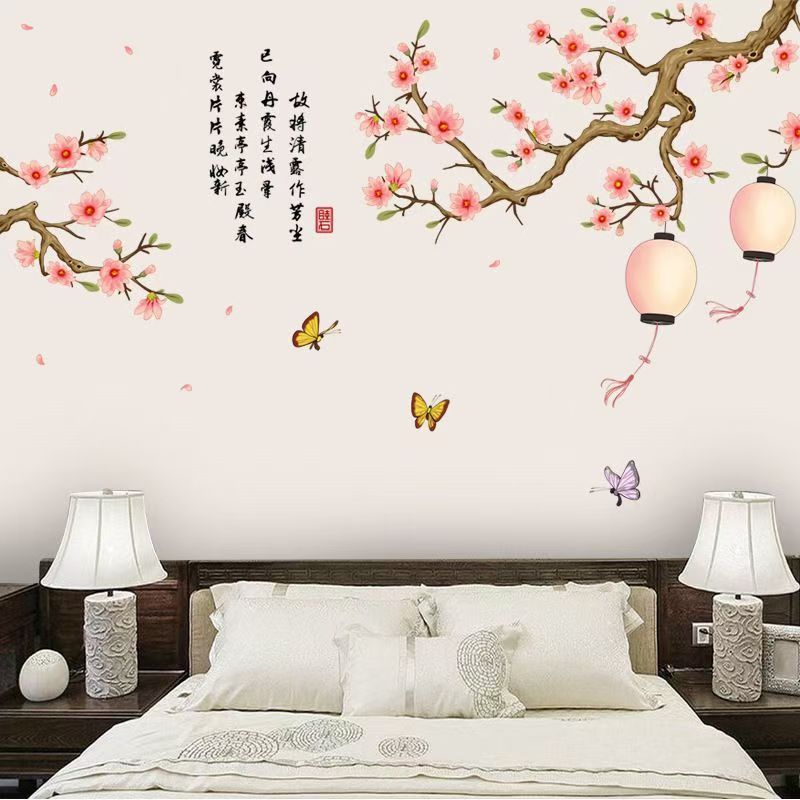 中式桃花墙贴画客厅电视沙发背景防水可移除装饰 贴纸