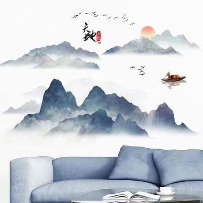 中国风山水画墙贴电视客厅
