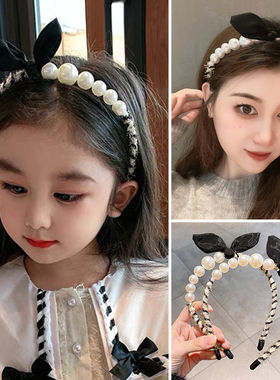 小香风黑色蝴蝶结珍珠发箍儿童亲子新款高档头箍发卡头饰儿童发箍