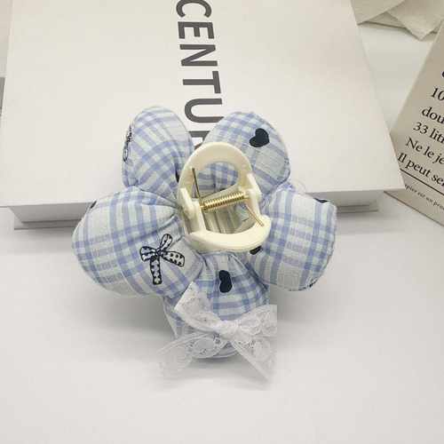 2025新款蓝格纹蕾丝蝴蝶结立体花朵韩国小众半扎发鲨鱼夹