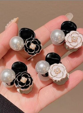 法式黑色山茶花发夹侧边刘海夹超萌可爱珍珠小号精致抓夹