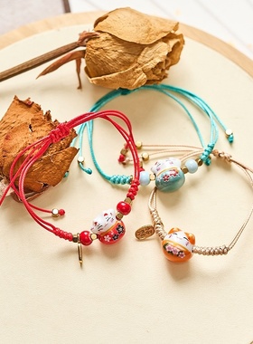 2026时尚夏季流行景德镇陶瓷招财猫手链古风流行百搭感手工编织