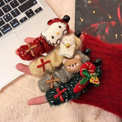 圣诞新款萌系针织香蕉夹凯蒂猫红色系蝴蝶结发夹可爱萌熊马尾夹