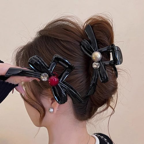 2025新款大号蝴蝶结抓夹红色珠珠后脑勺感鲨鱼夹马尾夹发量多