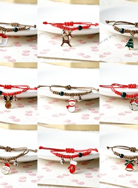 2026时尚红绳圣诞手链女欧美流行圣诞老人雪人糖果卡通跨境手饰品