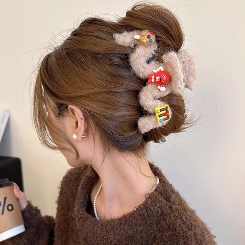 可爱m豆毛绒抓夹大号发夹女感2024新款后脑勺鲨鱼夹子头饰