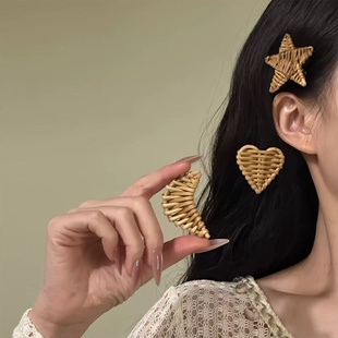 2026时尚波西米亚藤编爱心星星发夹女个性设计侧边夹发卡小众百搭