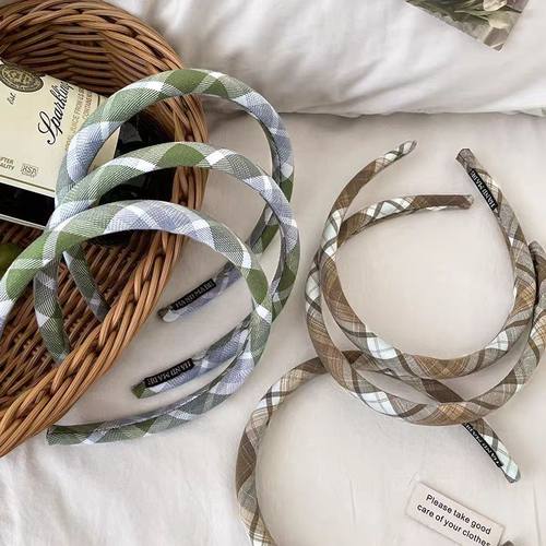 韩版精致温柔咖色格子细发箍甜美感外出压发海绵发箍气质发卡