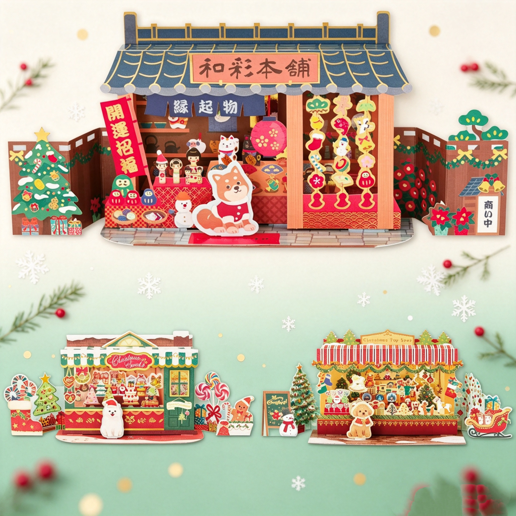 日本和风狗狗商店圣诞节立体贺卡节日氛围送朋友平安夜礼物祝福卡