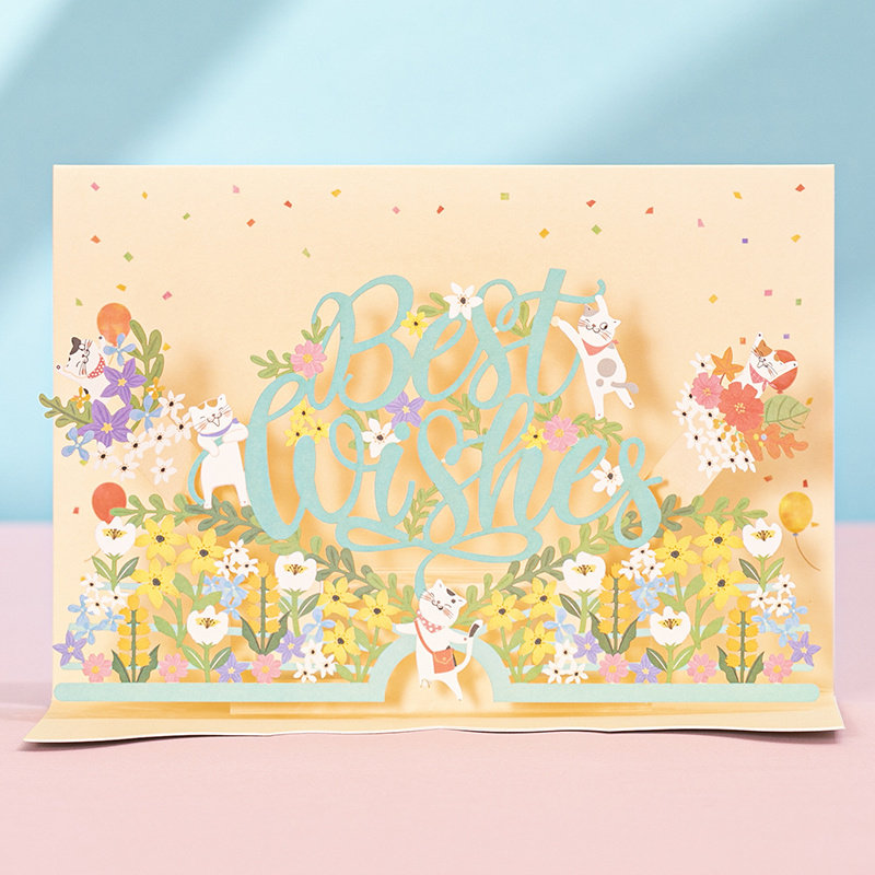 猫咪清新镂空花朵立体贺卡新年送老师感谢生日万用留言祝福卡片