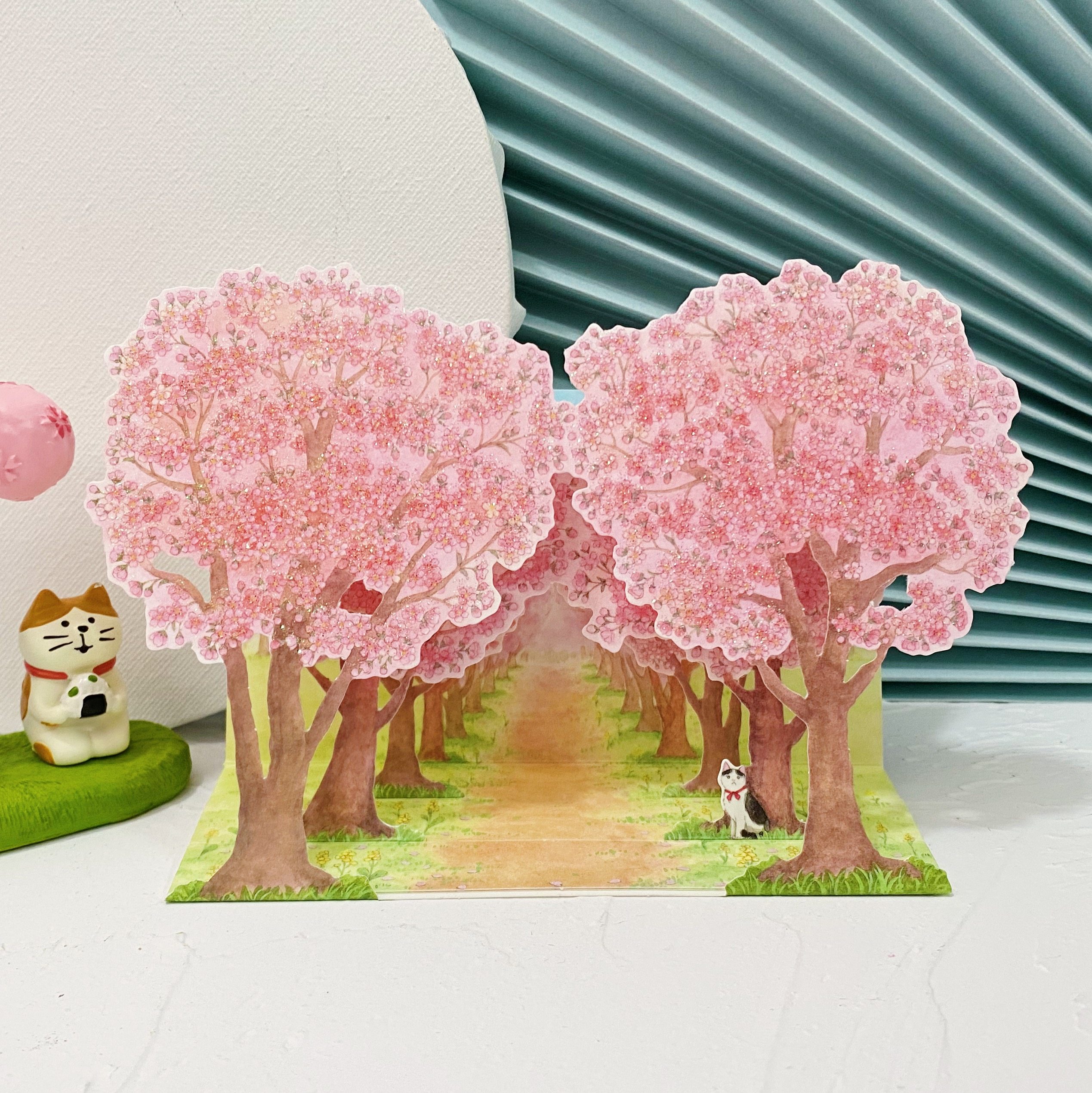 日本春天立体贺卡樱花树猫咪创意生日感谢教师节毕业礼物祝福卡