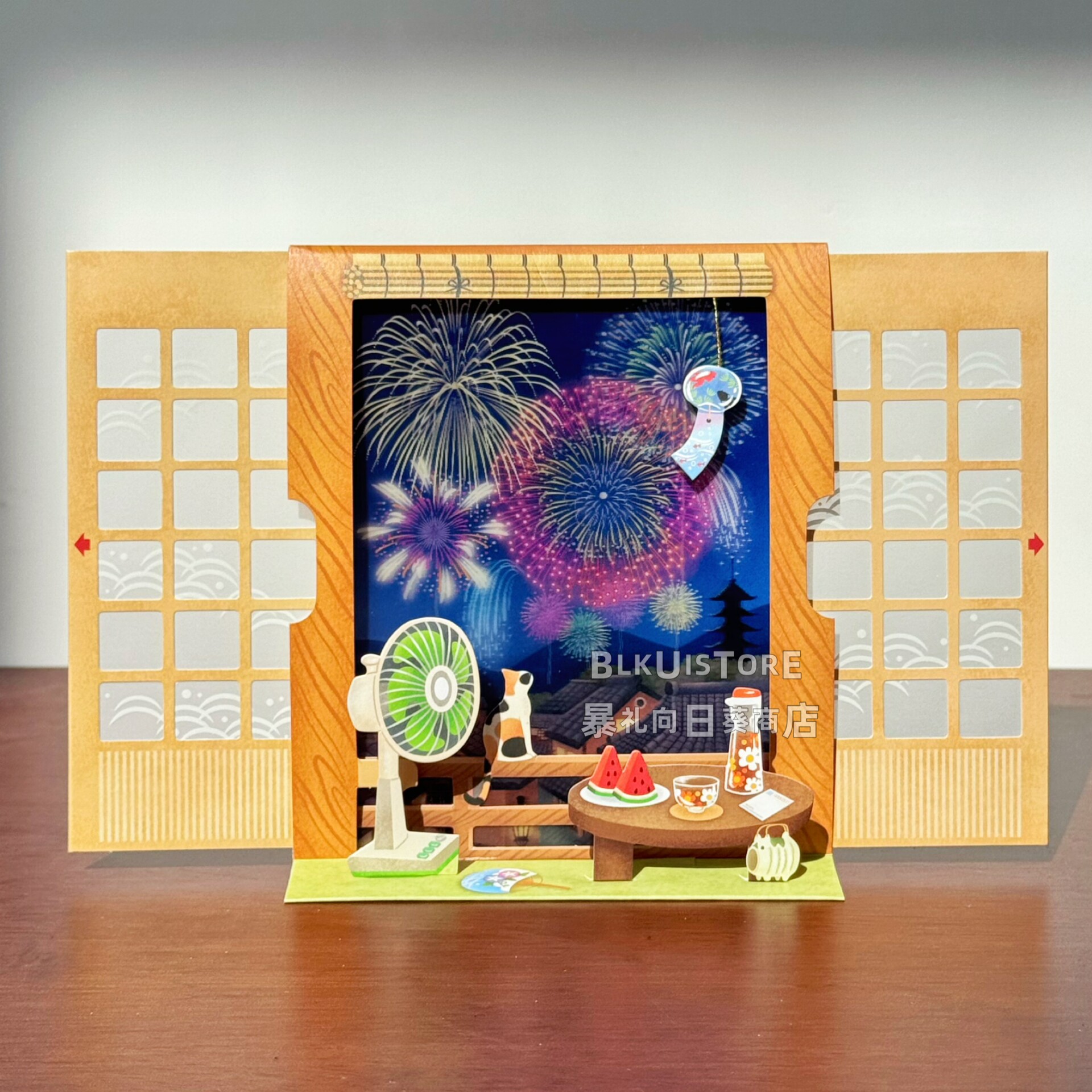 日本夏天立体3D万用贺卡猫咪看烟花卡片生日感谢毕业祝福送朋友
