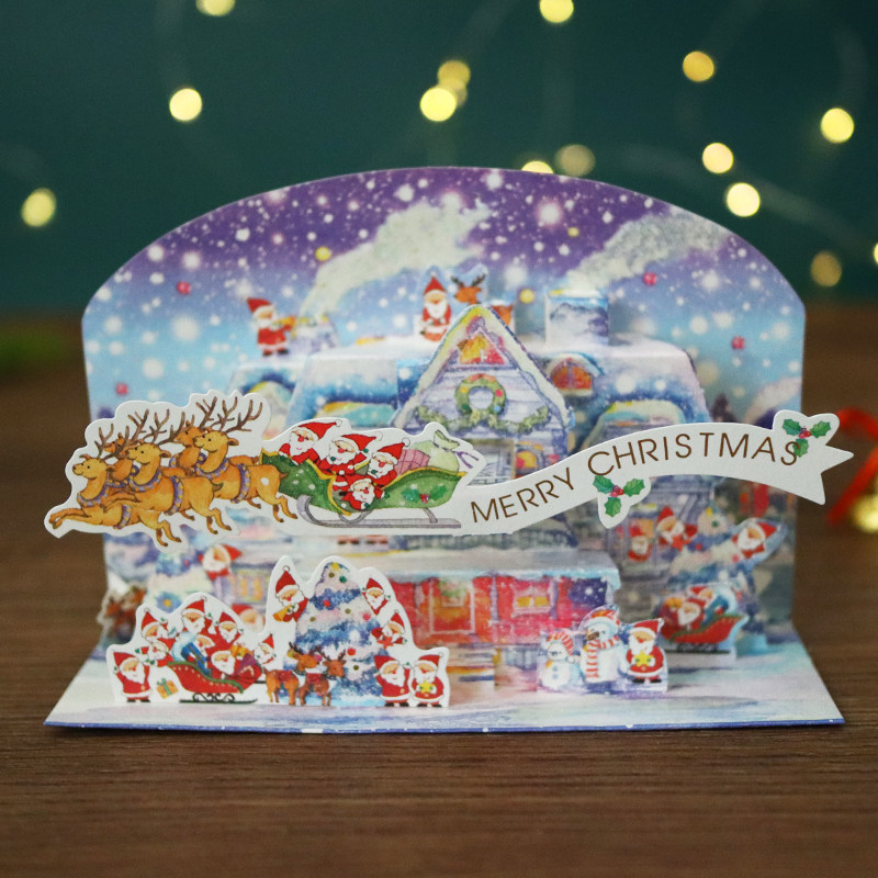日本热闹圣诞宴会立体贺卡Xmas节日气氛卡通可爱留言祝福礼物卡片