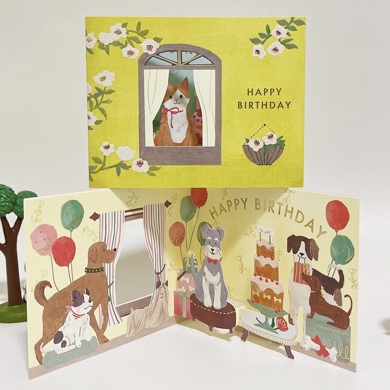 日本制新款猫咪狗狗生日祝福蛋糕聚会立体贺卡萌宠手绘趣味卡片