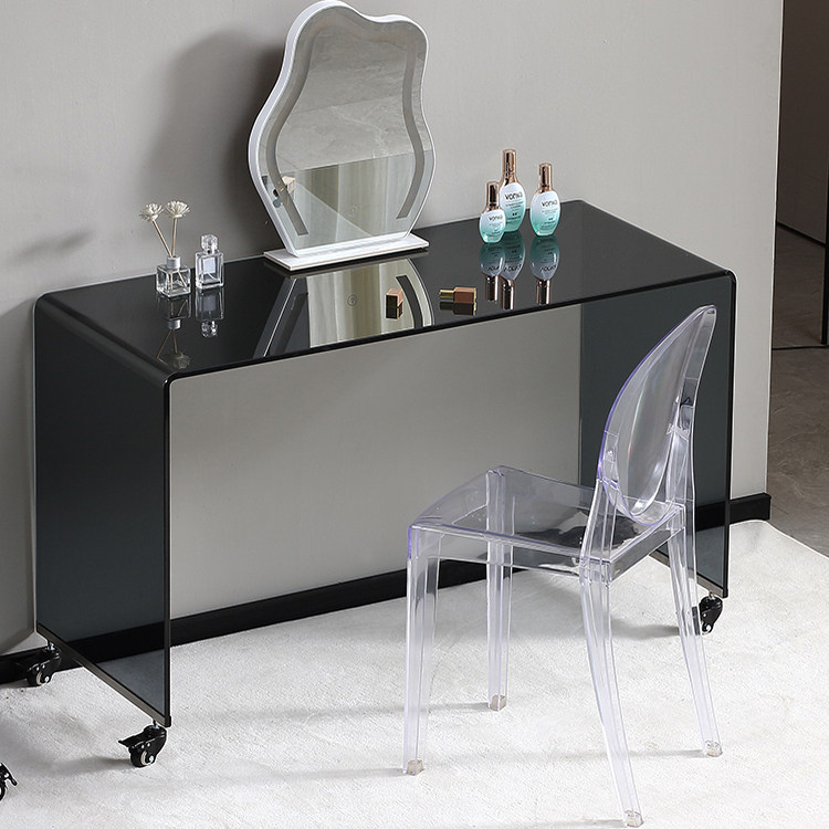 可移动带轮现代简约透明玻璃电脑桌家用办公桌高级感梳妆台写字台