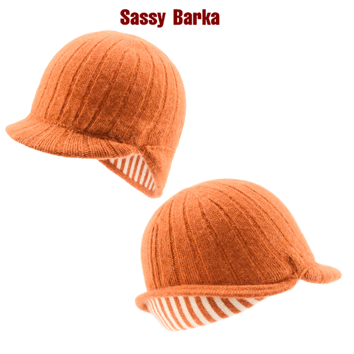 SassyBarka经典翻檐护耳鸭舌针织版帽子橙白条纹男女秋冬保暖线帽
