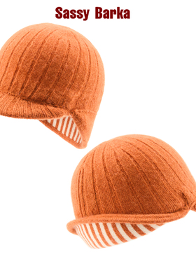 SassyBarka经典翻檐护耳鸭舌针织版帽子橙白条纹男女秋冬保暖线帽