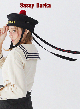 Sassy Barka 限量珍藏版重工高阶黑白水手帽无檐贝雷帽飘带男女