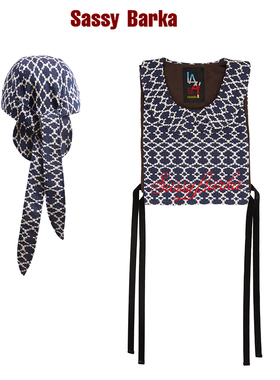 SassyBarka海蓝帆白几何菱形格纹海盗包头巾系带帽子假领男女