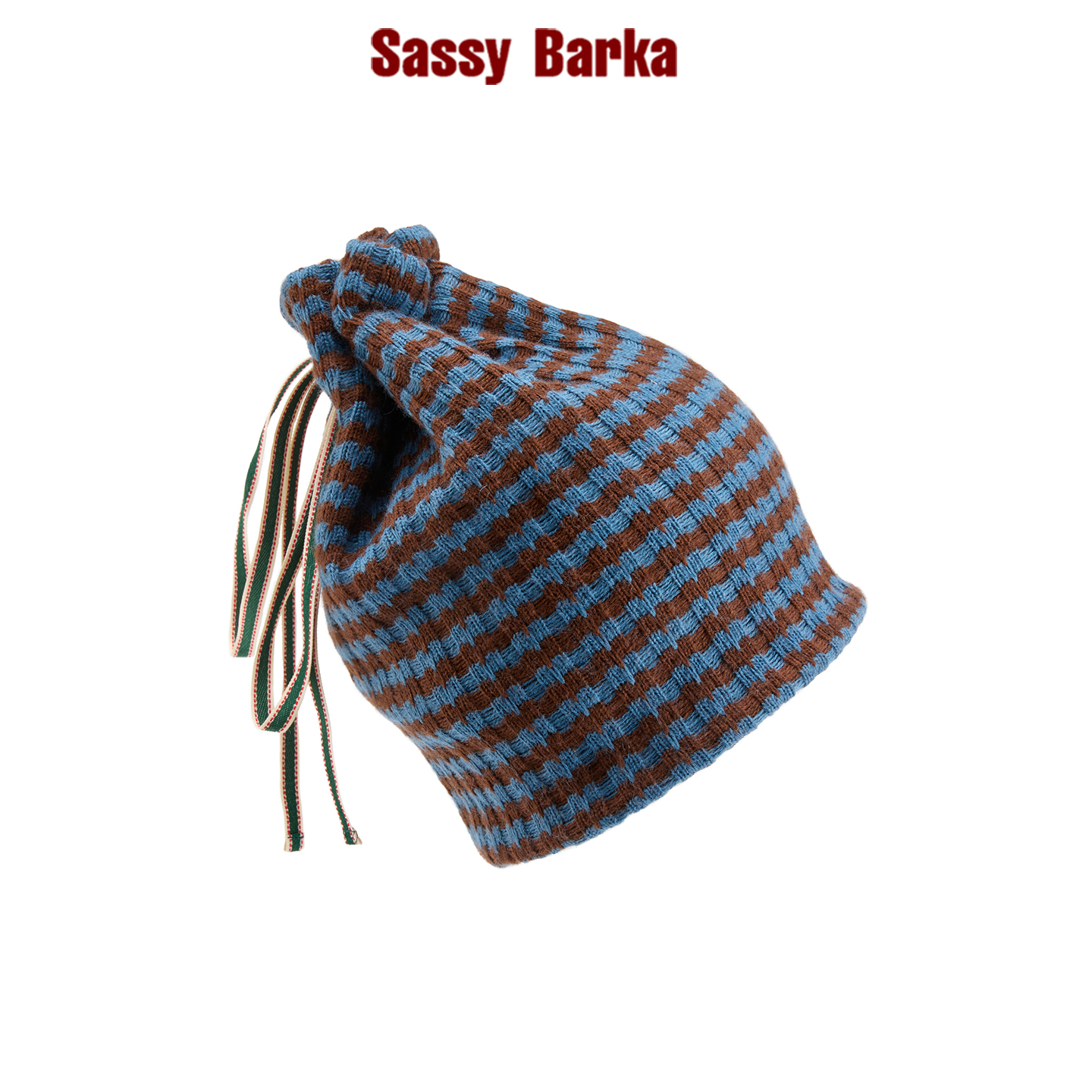 SassyBarka蓝咖撞色条纹抽绳系带针织包头保暖帽子围脖秋冬男女